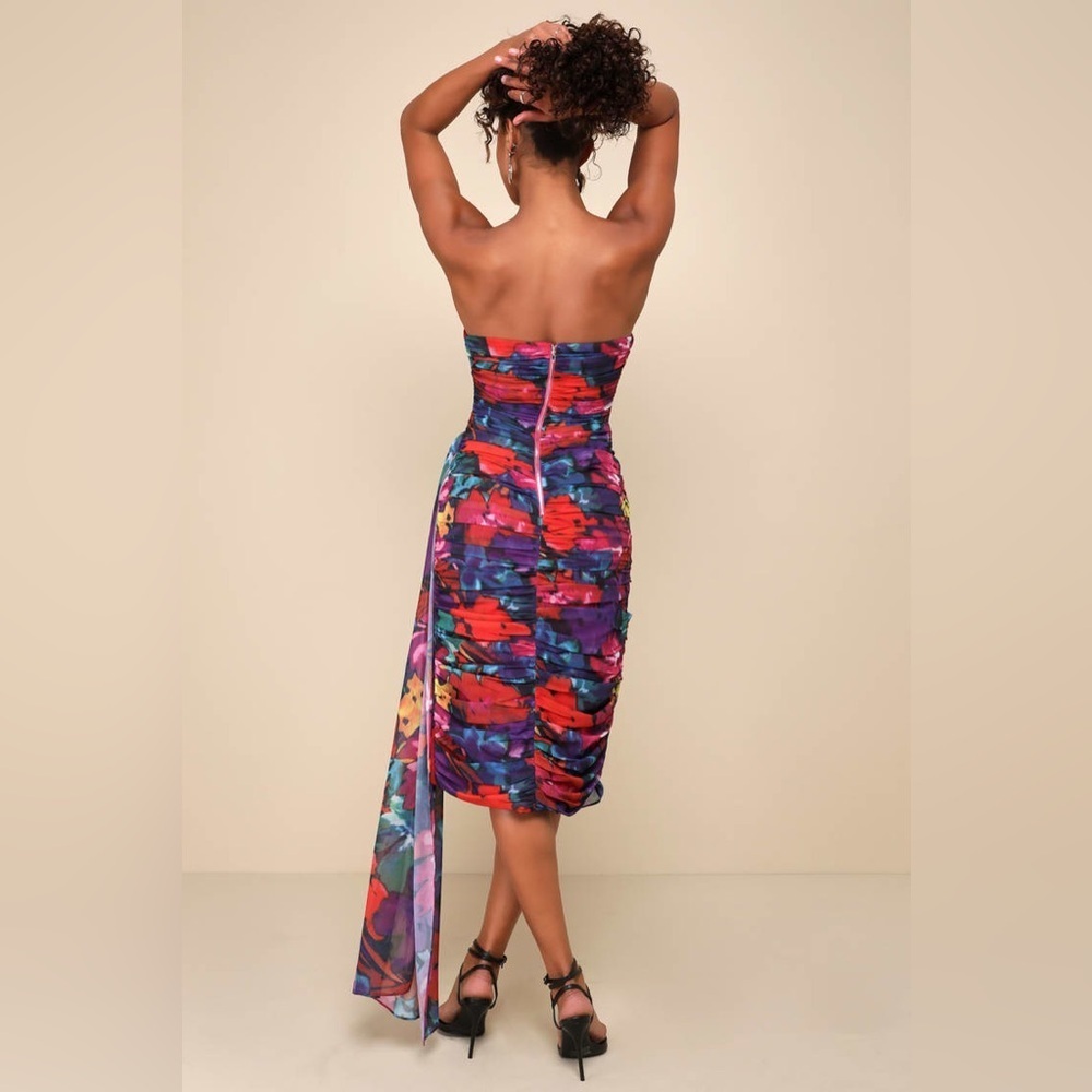 LULU’S Uncommon Aesthetic Black Floral Strapless Bodycon Midi Dress - Picture 4 of 5